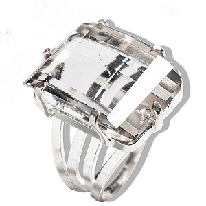 Anel Pedra Cristal Retângulo Facetado Prata Aro Ajustável