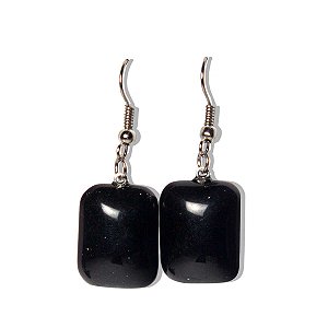 Brinco Retangular Pedra Obsidiana Negra Anzol Prateado