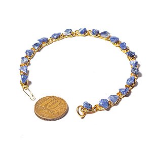 05 Pulseira Corrente Pedra Sodalita Natural Rolada Dourado