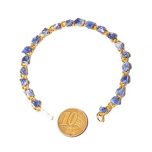 03 Pulseira Corrente Pedra Sodalita Natural Rolada Dourado