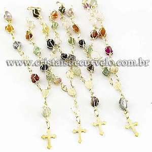 100 Pulseira Terço Pedra Mista Rolado Na Gaiola Dourado ATACADO