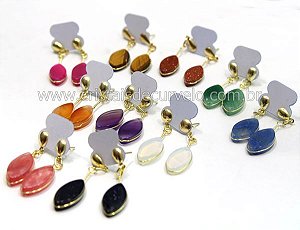 100 Brinco Navete Pedras Mistas Acabamento Folha e Tarracha Banho Ouro Flash Dourado