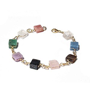 Pulseira Quadrado Pedra Mista Ranhurado Elo Dourado