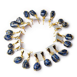 10 Brinco Cesta Amarrada Pedra Sodalita Azul Dourado