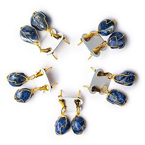 05 Brinco Cesta Amarrada Pedra Sodalita Azul Dourado