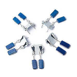 05 Brinco Pedra Quartzo Azul Retângulo Ranhurado Prateado