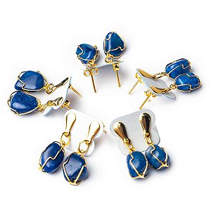 10 Brinco Cesta Amarrada Pedra Ágata Azul Dourado