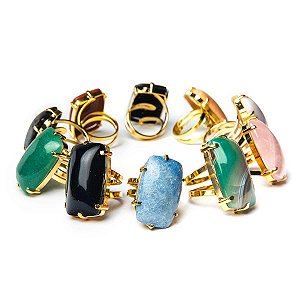 100 Anel Retangular Cabochao Pedra Natural MistoFlash Dourado Aro Ajustavel ATACADO