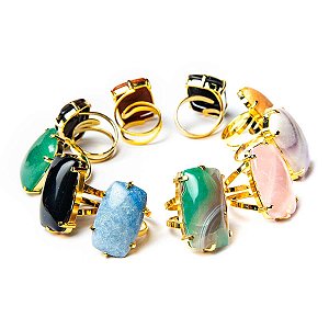 50 Anel Retangular Cabochao Pedra Natural Misto Flash Dourado Aro Ajustavel ATACADO