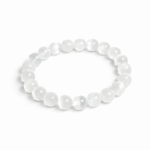 Pulseira Pedra Selenita 8mm Bolinha Natural Fio de Silicone