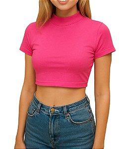 Cropped Feminino Gola Alta Manga Curta
