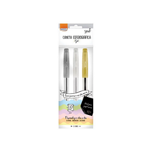 CANETA ESFEROGRÁFICA GEL 1.0MM - BRANCA, PRATA E DOURADA - BLISTER C/ 3UN BRW
