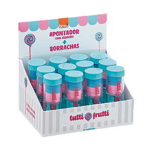 APONTADOR PLÁSTICO C/ DEPÓSITO E BORRACHA - TUTTI-FRUTTI  CX C/12UNI  BRW