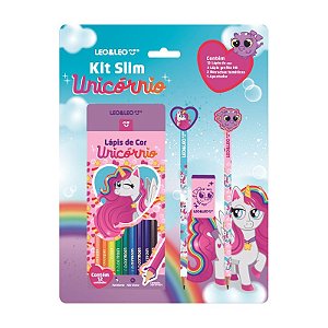 KIT SLIM LAPIS DE COR 12 CORES / 2 LAPIS HB COM BORRACHA NA PONTA / APONTADOR UNICORNIO - LEO E LEO