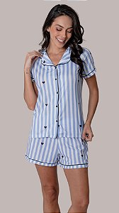 Listras e Corações Azul e Preto - Pijama Americano Curto