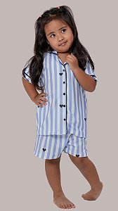 Listras e Corações Azul e Preto - Pijama Americano Curto Infantil