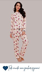 Borboleta Bege - Pijama Feminino Longo Gola V