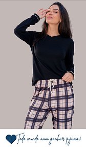 Casal Preto e Nude - Pijama Feminino Longo Gola V
