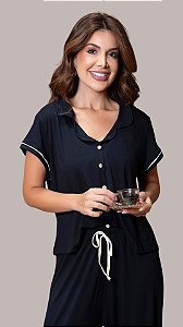 Preto com Bege- Pijama Americano Longo Pantalona