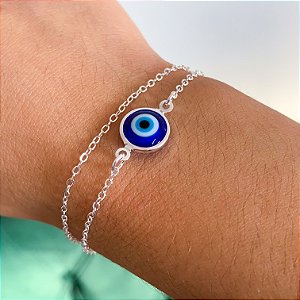 Pulseira dupla olho grego grande banhado a prata