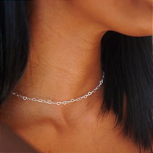 Chocker corrente corações 40cm banhado a prata