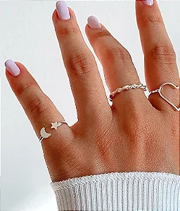 Anel falange lua e estrela banhado a prata