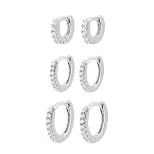 Trio de argolas click fina cravejada banhado a prata