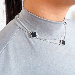 Cordão Virginia trevo preto banhado a prata