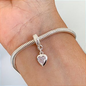 Berloque ponto de luz coração cristal banhado a prata