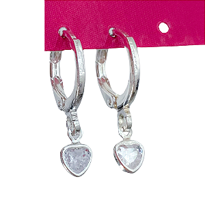 Argola click pingente ponto de luz coração banhado a prata