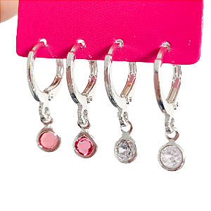 Kit de argolas click pingentes ponto de luz rosa banhado a prata