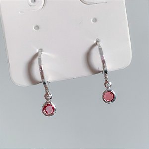 Argola click pingente ponto de luz rosa banhado a prata