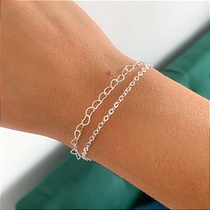 Pulseira dupla corrente coração banhado a prata