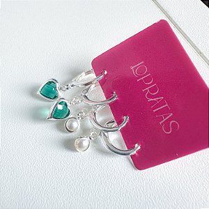 Kit de argolas click pingentes verde bandeira banhado a prata