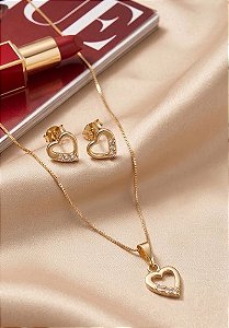 Conjunto Coração com Zircônias Banhado Ouro 18k