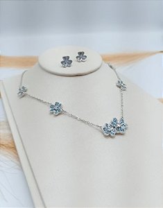 Conjunto Flowers Cravejado Azul Colar e Brinco