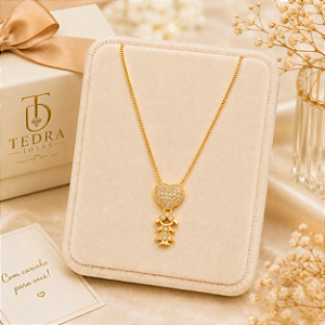 Colar Coração Filha Cravejado Banho Ouro 18k