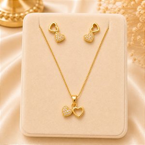 Conjunto Coração Duplo Cravejado Banho Ouro 18k