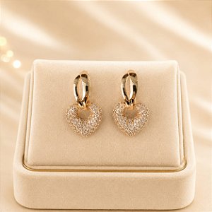 Brinco Argola Pingente Coração Cravejado Banhado Ouro 18K