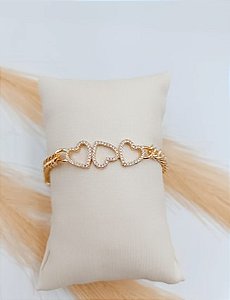Pulseira Elo Grumet 3 Corações Cravejados Banho de Ouro