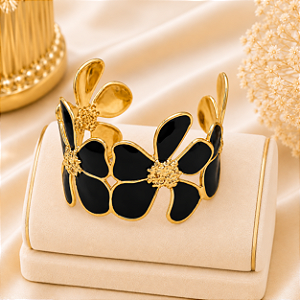 Bracelete Orquídea Preto em Aço Inox Dourado