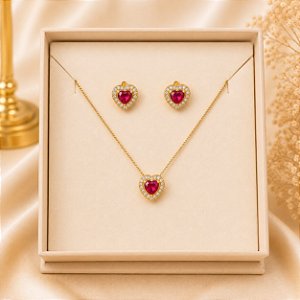 Conjunto Coração Cravejado com Zircônia Rosa