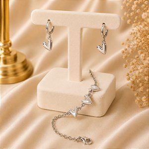 Conjunto Pulseira e Brincos Corações Banho Ródio