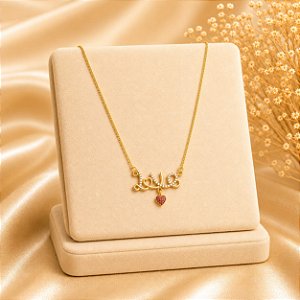 Colar Love com Pendente Coração Cravejado Rosa