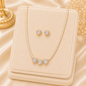 Conjunto Colar Riviera e Brinco Corações Banhado a Ouro 18k