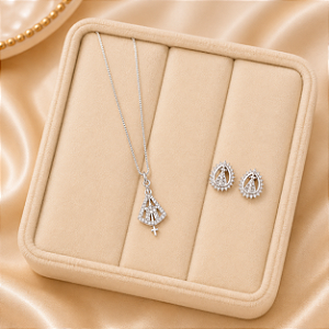 Conjunto Colar e Brinco N. Sra Banhado a Prata 925