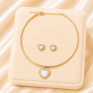 Conjunto Aro Coração Madrepérola Banhado Ouro 18k