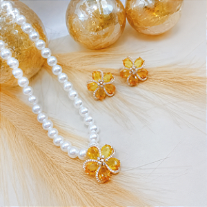 Conjunto Colar Pérola Flor Citrino Cravejada