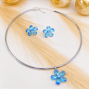 Conjunto Aro Flor Azul Banho de Ródio