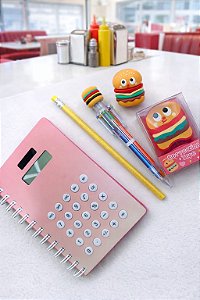 Kit Papelaria Fofa Hambúrguer com Caderno Calculadora Caneta e Corretivo